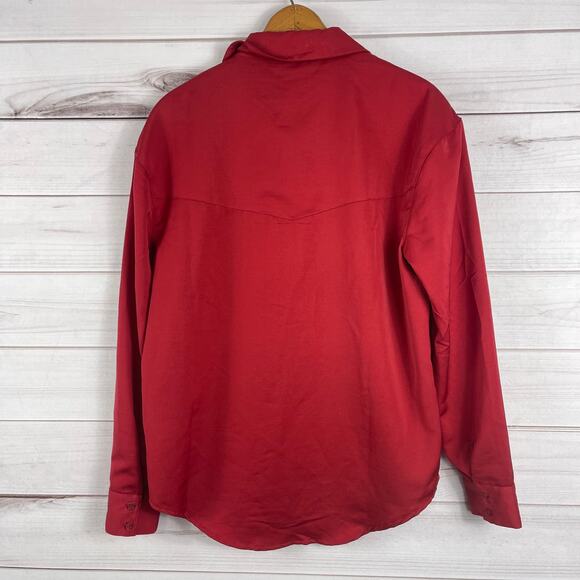 ANTHROPOLOGIE LEE Embroidered Red Satin Feel Button Down Long Sleeve Small - Picture 6 of 9